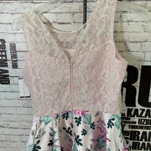 Emily Rose Pink Satin Floral Lace Sleeveless Dress - Picture 5 of 6